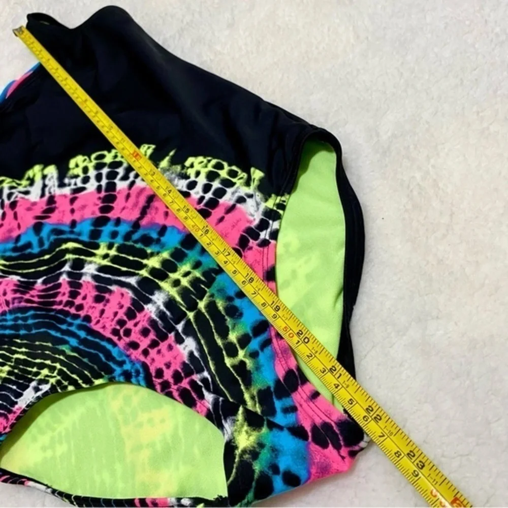 Justice girls one piece swimsuit black with pink blue yellow neon tie dye 8